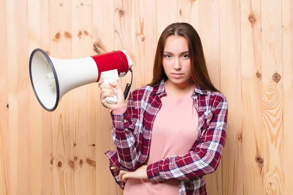 Young Blonde Pretty Girl Megaphone — Stock Photo, Image