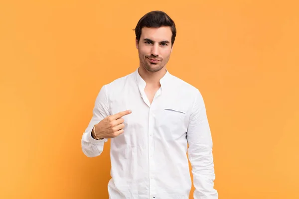 Man Looking Proud Confident Happy Smiling Pointing Self Making Number — Stock Photo, Image