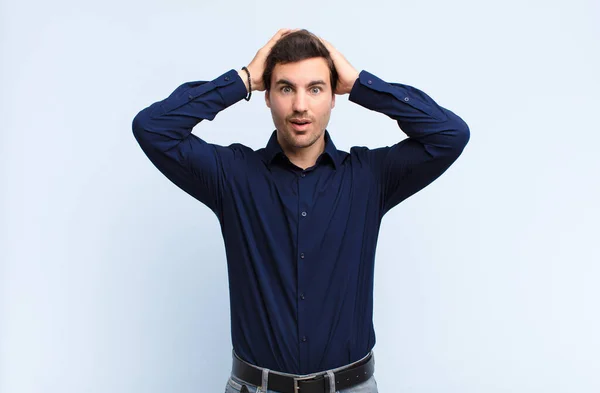 Young Handsome Man Looking Excited Surprised Open Mouthed Both Hands — Stock Photo, Image