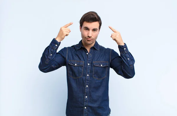 Young Handsome Man Bad Attitude Looking Proud Aggressive Pointing Upwards — Stock Photo, Image