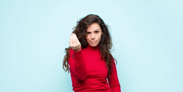 Young Pretty Woman Making Capice Money Gesture Telling You Pay — Stock Photo, Image