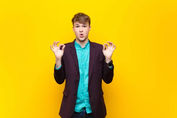 Young Blonde Man Feeling Shocked Amazed Surprised Showing Approval Making — Stock Photo, Image