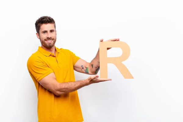 Young Handsome Man Excited Happy Joyful Holding Letter Alphabet Form — Stock Photo, Image