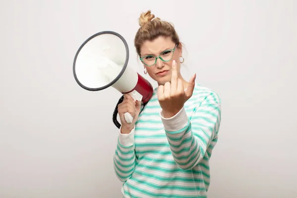 Young Latin Pretty Woman Flat Wall Megaphone — Stock Photo, Image