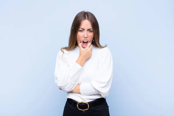 Young Pretty Hispanic Woman Mouth Eyes Wide Open Hand Chin — Stock Photo, Image