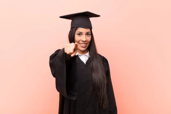 Young Latin Woman Student Pointing Camera Satisfied Confident Friendly Smile — Stock Photo, Image