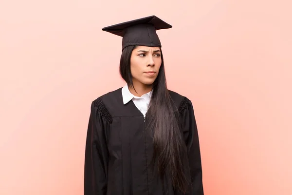 Young Latin Woman Student Feeling Sad Upset Angry Looking Side — Stock Photo, Image