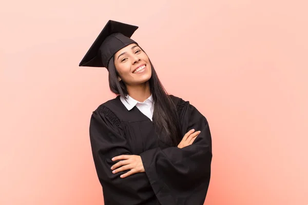 Young Latin Woman Student Laughing Happily Arms Crossed Relaxed Positive — Stock Photo, Image
