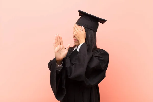 Young Latin Woman Student Covering Face Hand Putting Other Hand — Stock Photo, Image