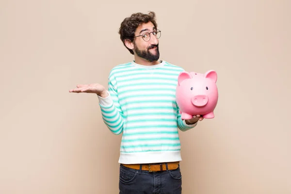 Young Cool Man Holding Piggy Bank Clean Wall — Stock Photo, Image