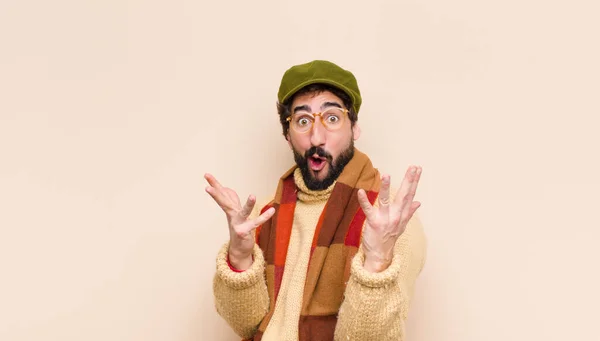 Young Cool Bearded Man Open Mouthed Amazed Shocked Astonished Unbelievable — Stock Photo, Image