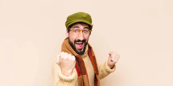 Young Cool Bearded Man Shouting Triumphantly Laughing Feeling Happy Excited — Stock Photo, Image