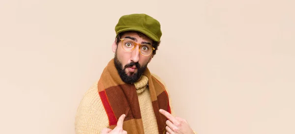 Young Cool Bearded Man Pointing Self Confused Quizzical Look Shocked — Stock Photo, Image