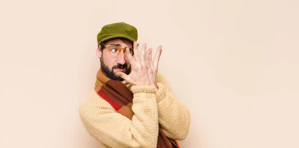 Young Cool Bearded Man Covering Face Both Hands Saying Camera — Stock Photo, Image