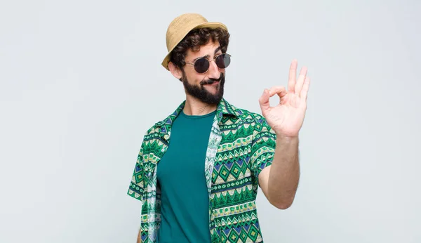 Young Tourist Man Feeling Happy Relaxed Satisfied Showing Approval Okay — Stock Photo, Image