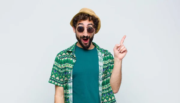 Young Tourist Man Feeling Happy Excited Genius Realizing Idea Cheerfully — Stock Photo, Image