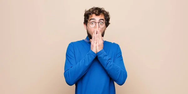 Young Handsome Man Feeling Worried Upset Scared Covering Mouth Hands — Stock Photo, Image