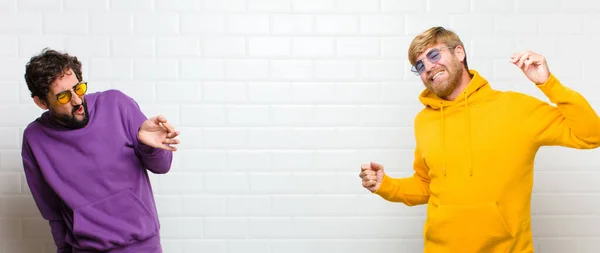 Young Cool Men Smiling Feeling Carefree Relaxed Happy Dancing Listening — Stock Photo, Image