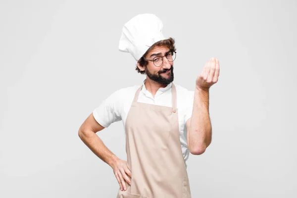 Young Crazy Chef Making Capice Money Gesture Telling You Pay — Stock Photo, Image