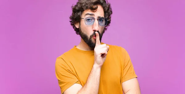 Young Crazy Cool Man Looking Serious Cross Finger Pressed Lips — Stock Photo, Image