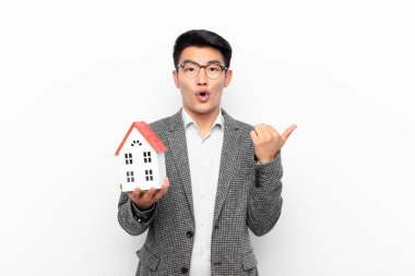 Genç Japon adam inançsızlıktan şaşkın şaşkın bakıyor, yan taraftaki objeyi işaret ediyor ve diyor ki: Vay canına, ev modeliyle inanılmaz.