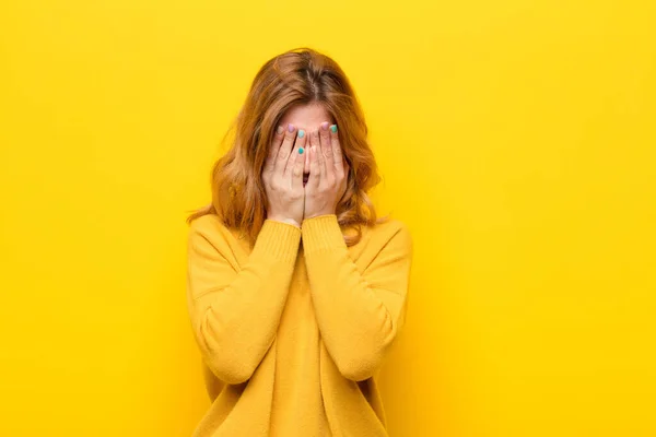 Young Pretty Blonde Woman Feeling Sad Frustrated Nervous Depressed Covering — Stock Photo, Image