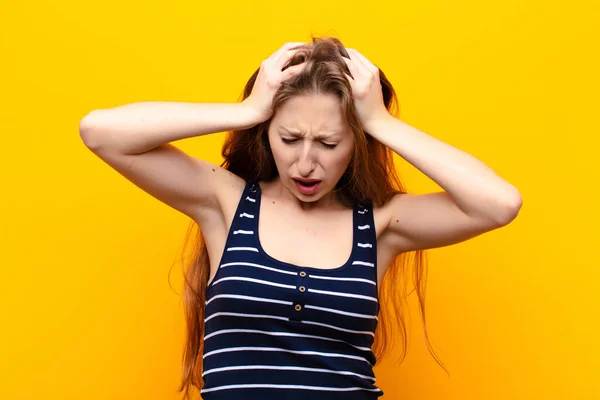 Yound Blonde Woman Feeling Stressed Frustrated Raising Hands Head Feeling — Stock Photo, Image