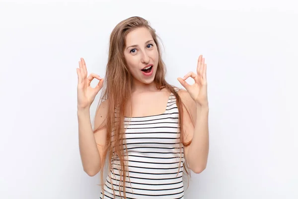 Yound Blonde Woman Feeling Shocked Amazed Surprised Showing Approval Making — Stock Photo, Image
