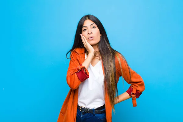 Young Pretty Latin Woman Feeling Shocked Astonished Holding Face Hand — Stock Photo, Image