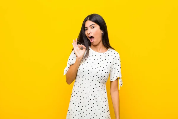 Young Pretty Latin Woman Feeling Successful Satisfied Smiling Mouth Wide — Stock Photo, Image