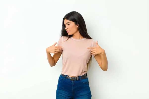 Young Pretty Latin Woman Looking Proud Positive Casual Pointing Chest — Stock Photo, Image