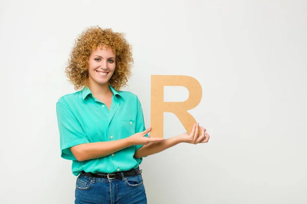 Young Pretty Afro Woman Excited Happy Joyful Holding Letter Alphabet — Stock Photo, Image