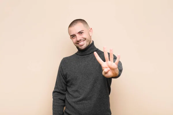 Young Handsome Man Smiling Looking Friendly Showing Number Four Fourth — Stock Photo, Image