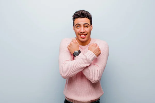 Young Arabian Man Smiling Cheerfully Celebrating Fists Clenched Arms Crossed — Stock Photo, Image