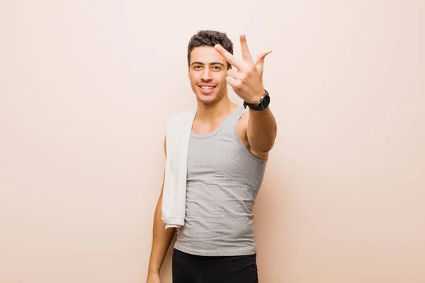 Young Arabian Man Smiling Looking Friendly Showing Number Three Third — Stock Photo, Image