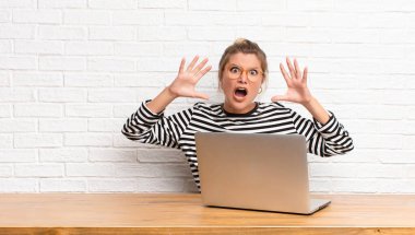 Genç ve güzel Latin bir kadın ellerini havaya kaldırıp bağırıyor. Öfkeli, sinirli, stresli ve üzgün bir şekilde dizüstü bilgisayarıyla oturuyor.