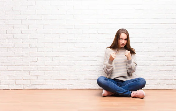 Young Blonde Pretty Girl Looking Confident Angry Strong Aggressive Fists — Stock Photo, Image