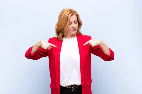 Middle Age Woman Looking Proud Positive Casual Pointing Chest Both — Stock Photo, Image