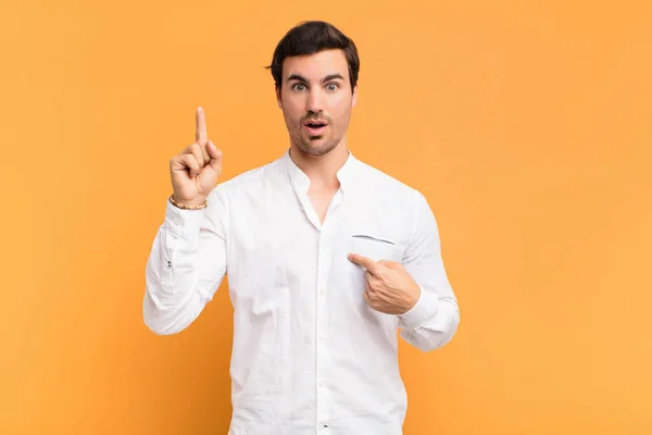 Young Handsome Man Feeling Proud Surprised Pointing Self Confidently Feeling — Stock Photo, Image