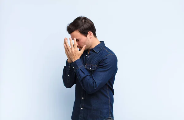 Young Handsome Man Covering Eyes Hands Sad Frustrated Look Despair — Stock Photo, Image