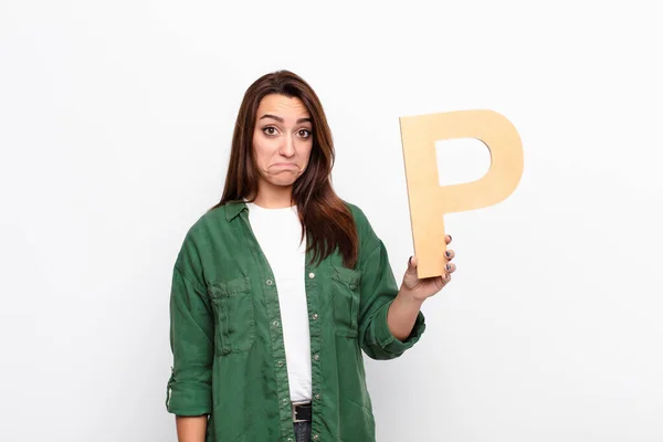 Young Pretty Woman Sad Depressed Unhappy Holding Letter Alphabet Form — Stock Photo, Image