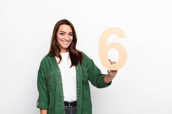 Jovem Mulher Bonita Animado Feliz Alegre Segurando Número — Fotografia de Stock