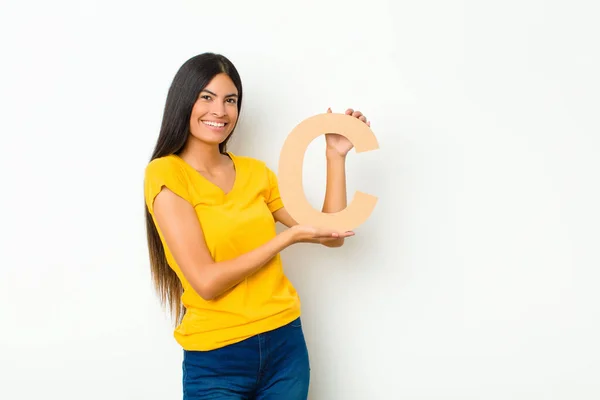Young Latin Pretty Woman Excited Happy Joyful Holding Letter Alphabet — Stock Photo, Image