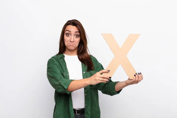 Young Pretty Woman Sad Depressed Unhappy Holding Letter Alphabet Form — Stock Photo, Image