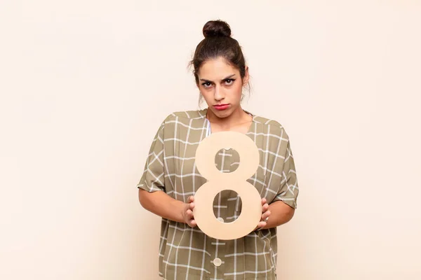 Young Pretty Woman Sad Depressed Unhappy Holding Number — Stock Photo, Image