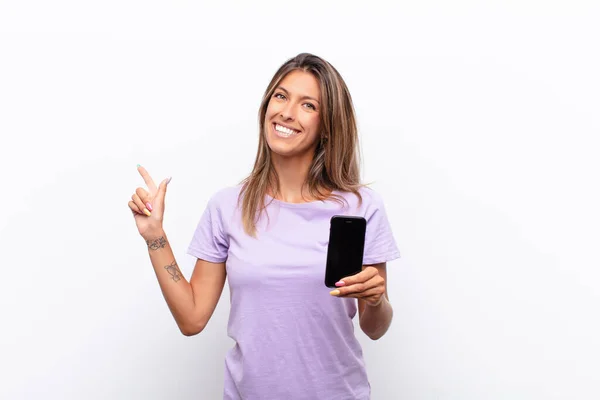 Young Pretty Woman Looking Excited Surprised Pointing Side Upwards Copy — Stock Photo, Image