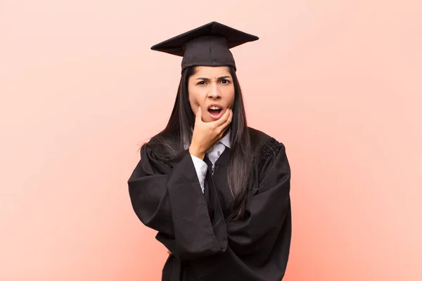 Young Latin Woman Student Mouth Eyes Wide Open Hand Chin — Stock Photo, Image