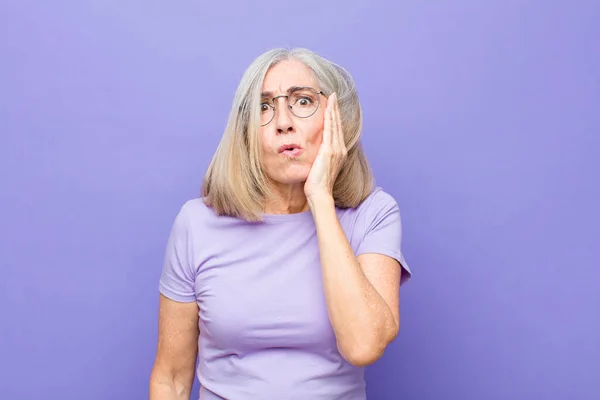 Senior Middle Age Pretty Woman Feeling Shocked Astonished Holding Face — Stock Photo, Image