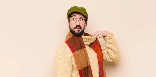 Young Cool Bearded Man Feeling Stressed Frustrated Tired Rubbing Painful — Stock Photo, Image