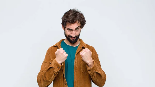 Young Handsome Man Looking Confident Angry Strong Aggressive Fists Ready — Stock Photo, Image